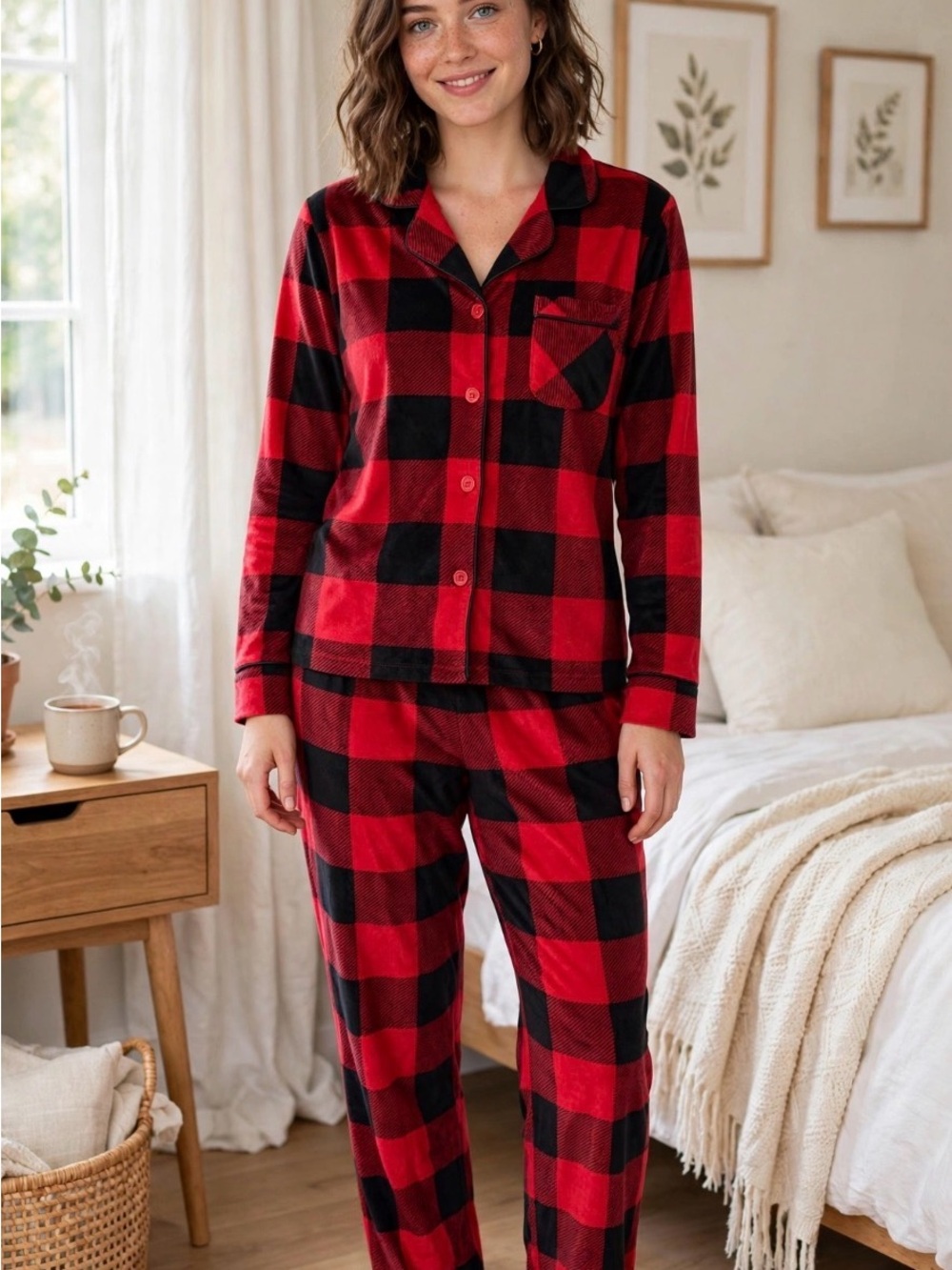 Buffalo Check Plaid Women's Flannel Pajama Set Size L - Button Up Top and Pants